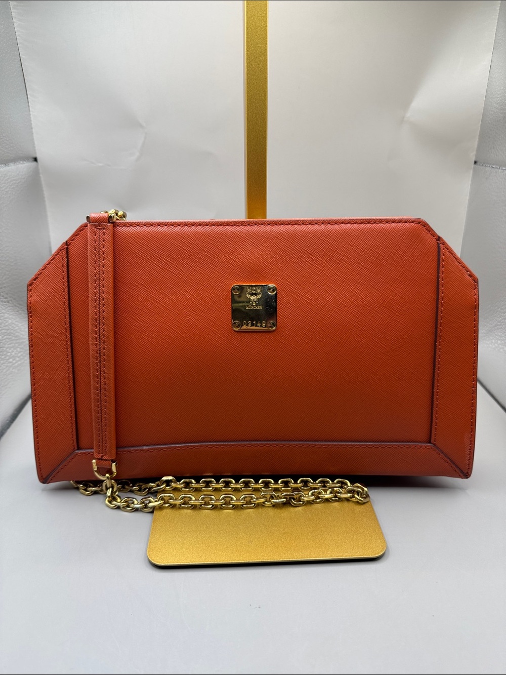 MCM Orange Leather Chain Clutch/Crossbody Bag with Gold Plaque
